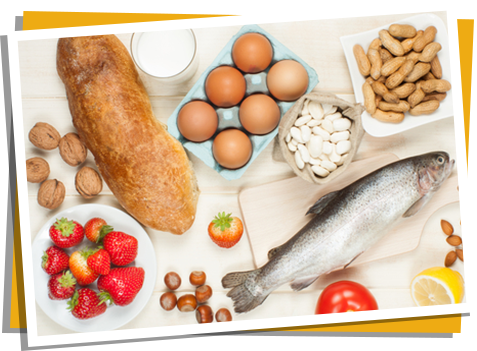 Verschiedene Lebensmittel, die Allergien auslösen können, z. B. Fisch, Eier und Nüsse